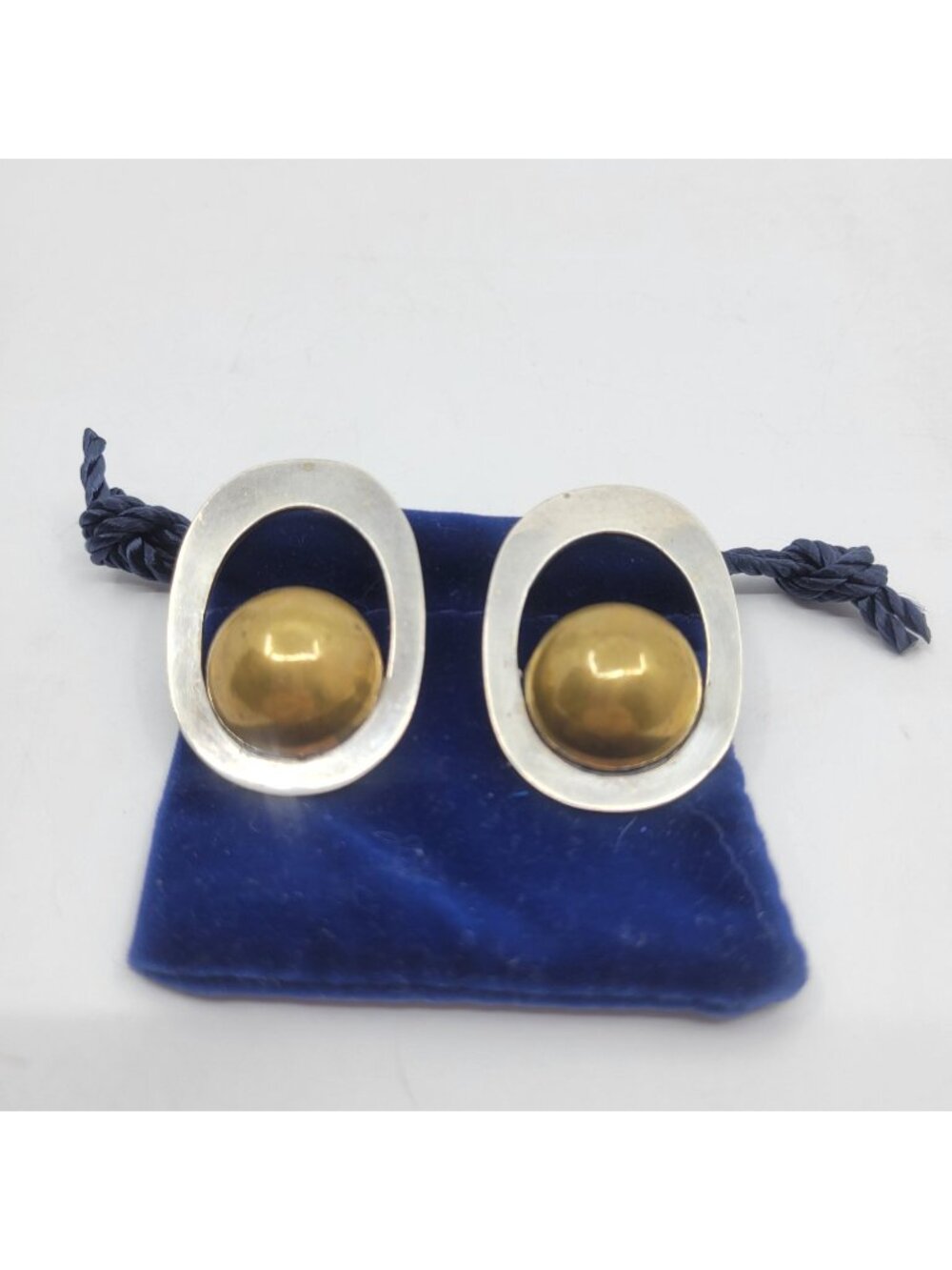 Vintage Mexican 925 Sterling Silver & Brass Clip On Earrings Modernist - JW002